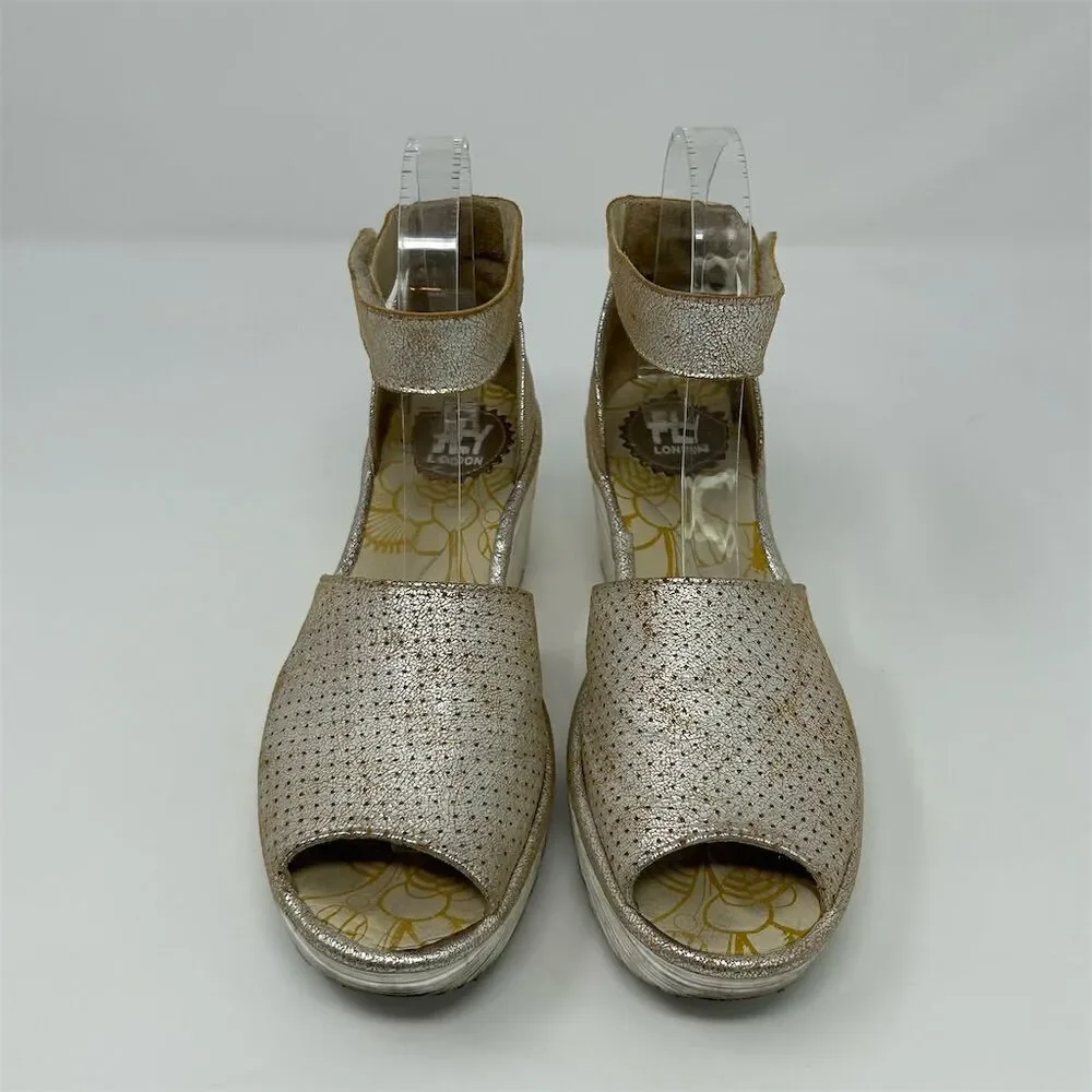 Fly London Women's Gold Wedge Sandals Size 37 (US 6-6.5) Adjustable Strap